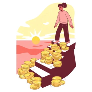 A person with a determined expression is walking up a staircase made entirely of shiny gold coins. The staircase spirals upwards, each step crafted from stacked coins that glimmer in the light. As the person ascends, the coins catch the light, creating a warm glow. The horizon in the background is bright and inviting, filled with soft hues of orange and yellow, suggesting the promise of a new day. The person is dressed in a casual outfit, with the fabric gently swaying with their movement, while the sky above is beginning to change colors as the sun rises.