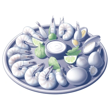 A large, circular seafood platter filled with a variety of seafood items. The platter includes several whole shrimp arranged neatly, alongside a selection of clams and mussels, their shells slightly open. Scattered across the seafood are slices of lime, adding a fresh touch. A small bowl of dipping sauce sits in the center of the platter. The arrangement is tidy, with garnishes like fresh herbs and decorative lettuce leaves adding to the presentation. The seafood has a glossy appearance, showcasing their freshness.