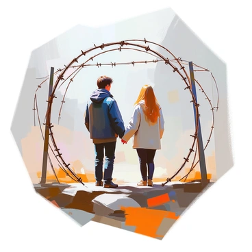 Two people standing together, holding hands tightly. One person has short brown hair and is wearing a dark blue jacket, while the other has long blonde hair and is dressed in a light sweater. They are in the center of a setting surrounded by rusted barbed wire that coils around them, creating a stark contrast against the warm tones of their clothing. The ground beneath them is rocky and uneven, adding to the harsh environment. The sky above is overcast, casting a muted light over the scene, highlighting the somber mood of the moment.
