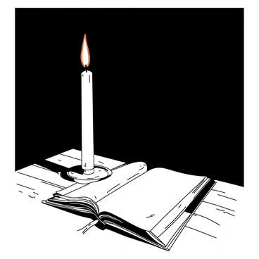 A white candle stands tall on a wooden table in a dark room. The candle flame flickers gently, casting warm light that creates a soft glow around it. Shadows dance along the walls, highlighting the rough texture of the aged surface. The faint outline of an open book lies next to the candle, its pages slightly curled, adding to the atmosphere of contemplation and serenity.