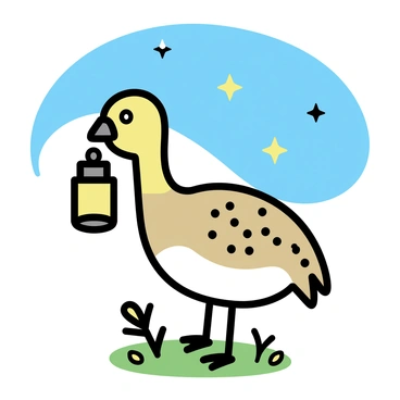 A guinea fowl, with its distinctive speckled feathers, stands upright on a grassy patch under a clear night sky filled with stars. In its beak, it holds a small, glowing lantern, casting a warm light around it. The lantern illuminates patches of grass and small wildflowers nearby. The guinea fowl appears curious, looking around as if exploring its surroundings. The stars twinkle brightly above, creating a serene backdrop for this nighttime scene.