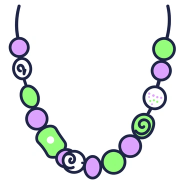 A necklace is displayed prominently, showcasing an array of clay beads in various sizes. The beads are arranged in a playful pattern, alternating between different shapes and designs. Some beads are round, others are oval, and a few feature intricate swirls and dots. The necklace is strung on a thin, flexible thread, allowing the beads to move freely and catch the light. Each bead contributes to a vibrant overall appearance, creating a bold and whimsical accessory.