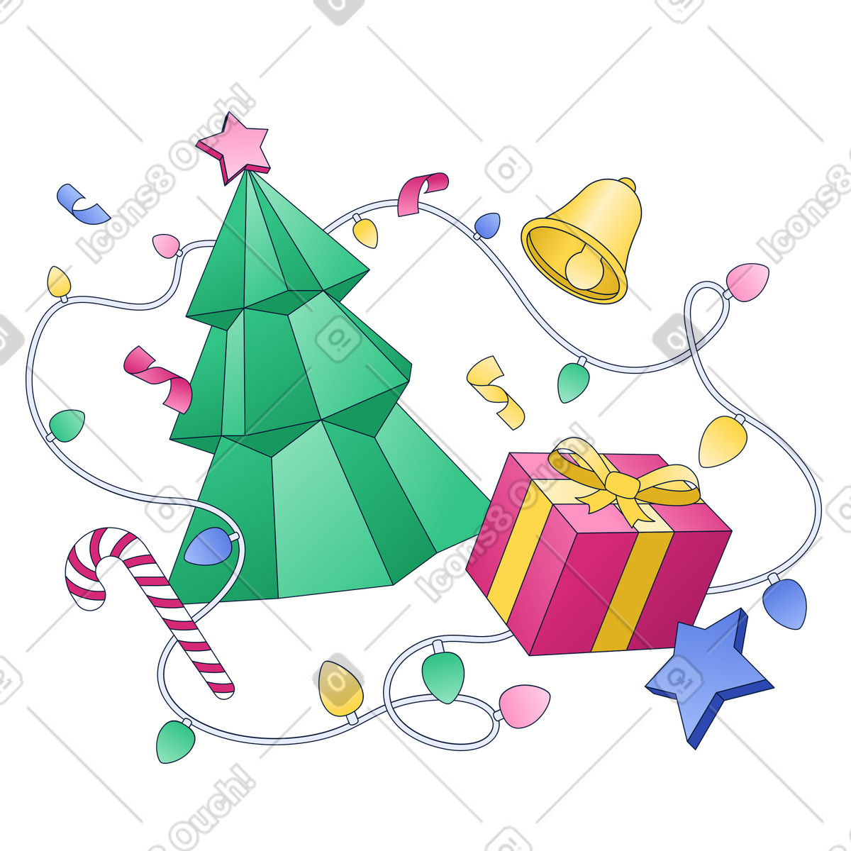 Christmas tree with gift and string lights, Festive holiday decorations illustration in PNG, SVG