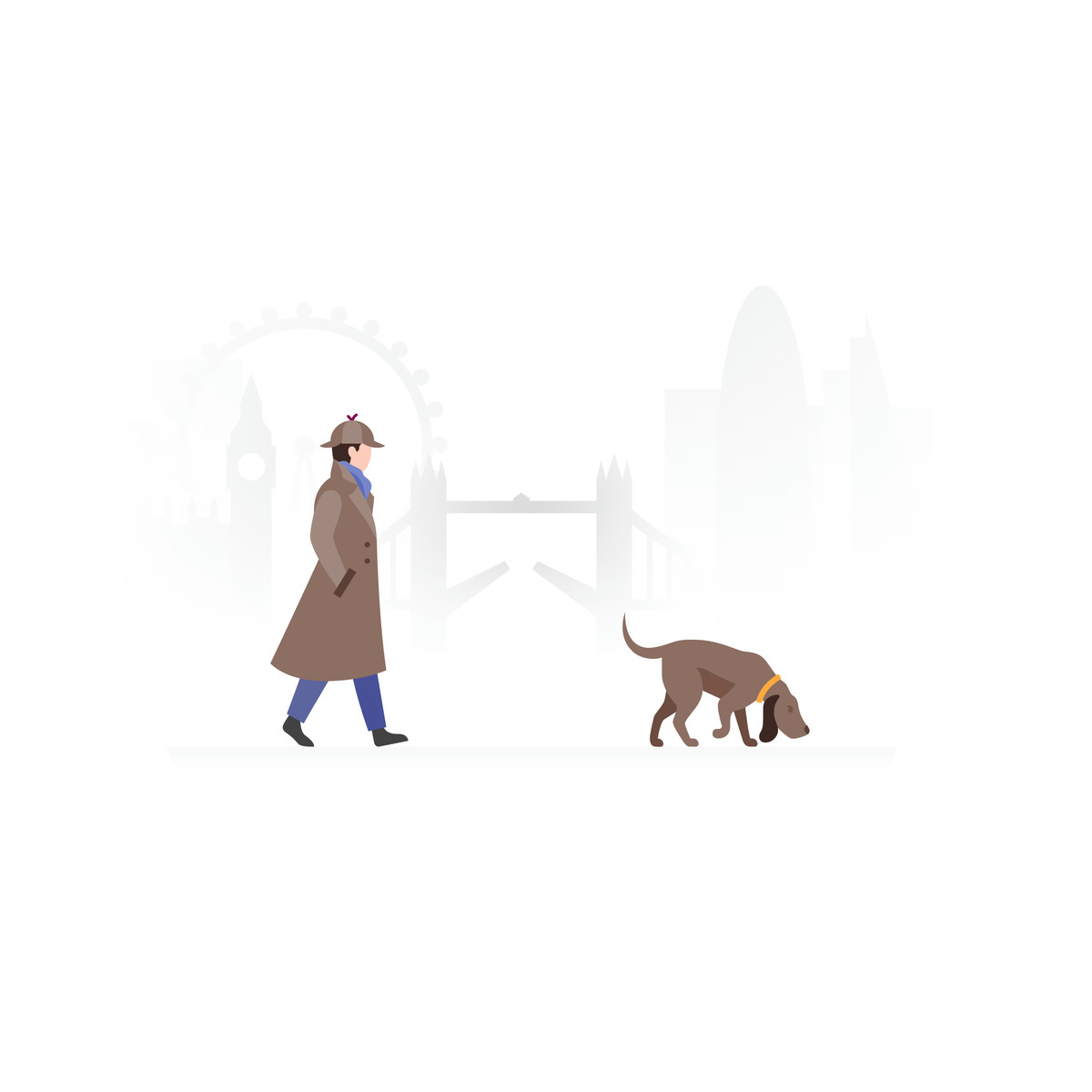 Ilustración Man walking his dog in the city en estilo Fogg a descargar en PNG y SVG