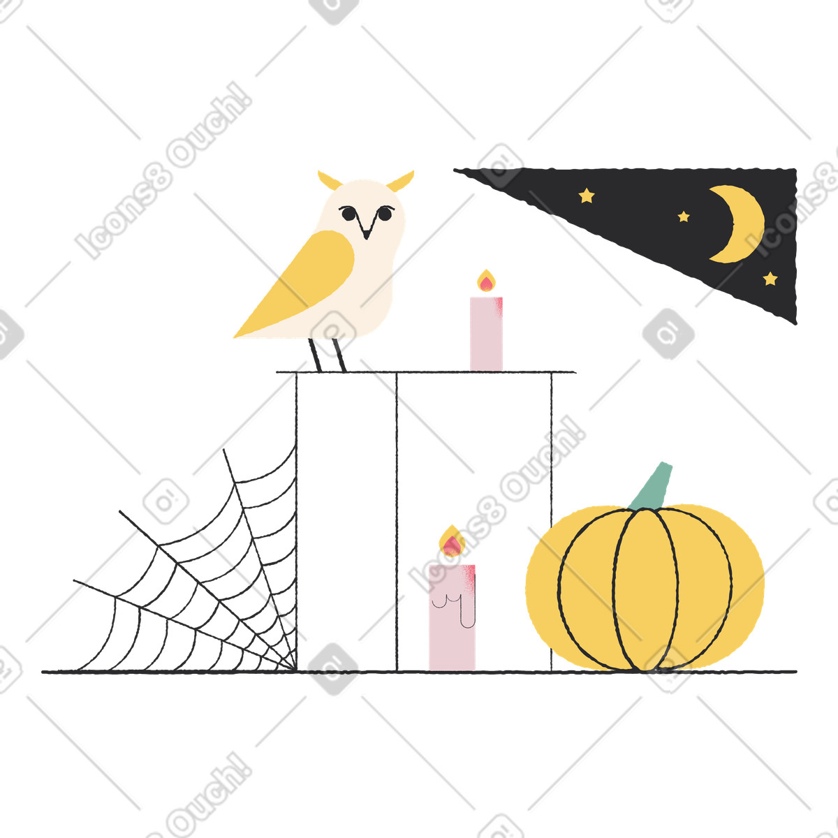 下载 Pablo 风格的 猫头鹰、蜡烛和南瓜 插画，支持 PNG、SVG 格式