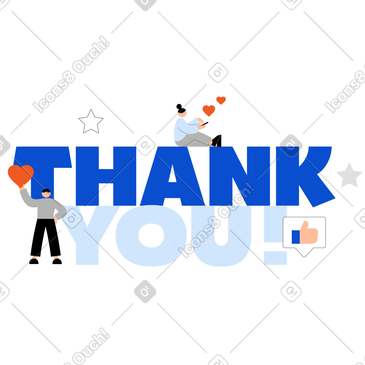 Lettering Thank You! with people texting text illustration in Tiny style download in PNG, SVG
