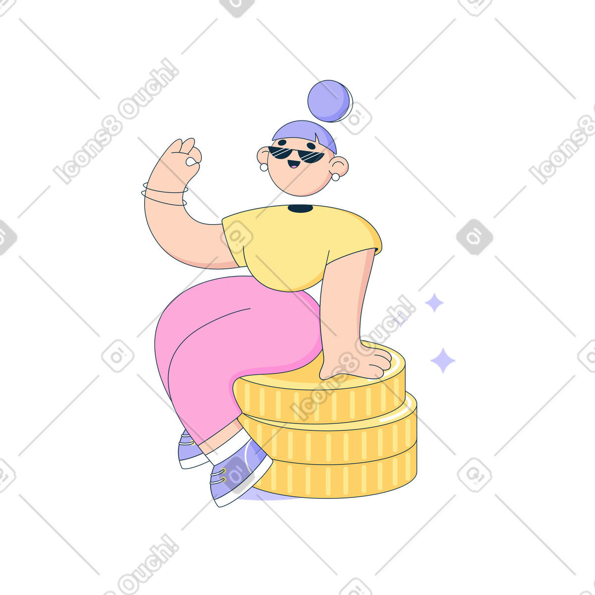 Frau sitzt auf einem stapel münzen und genießt den erfolg-Illustration im Bubble gum-Stil als Download in PNG, SVG