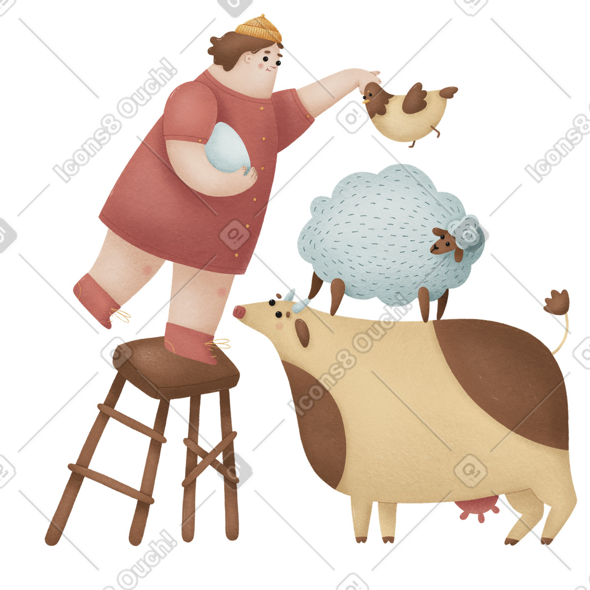 Woolly 스타일의 농장 동물 피라미드를 짓는 여성 일러스트레이션 PNG, SVG 다운로드