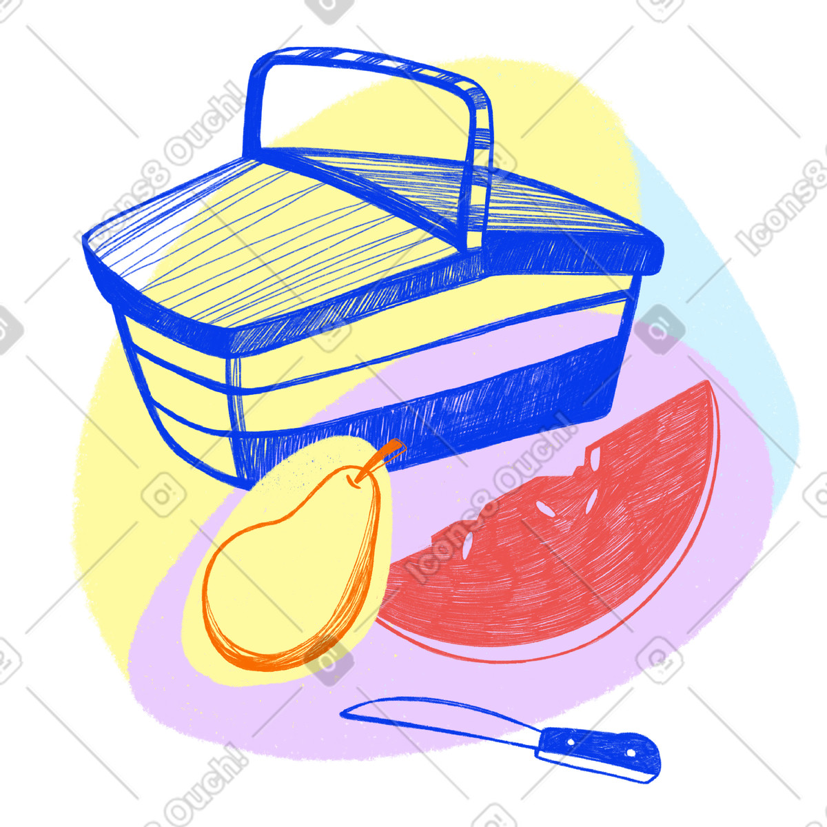 下载 Biro 风格的 Picnic outdoors with a wicker basket and fruit 插画，支持 PNG、SVG 格式