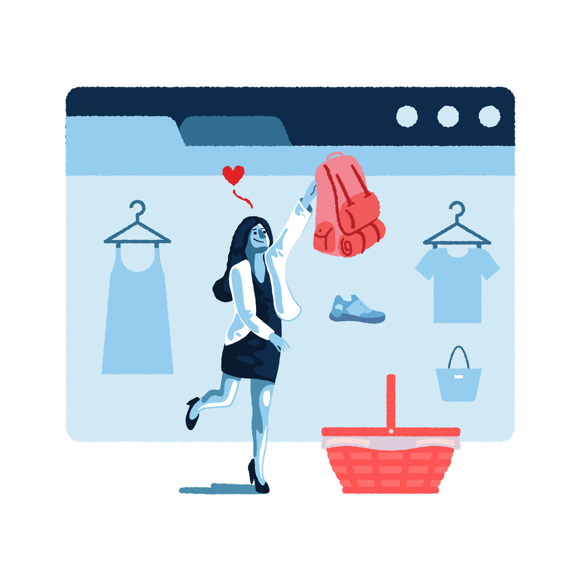 Shopper adding items to online shop basket, Digital fashion marketplace illustrazione in stile Cherry scarica in PNG, SVG