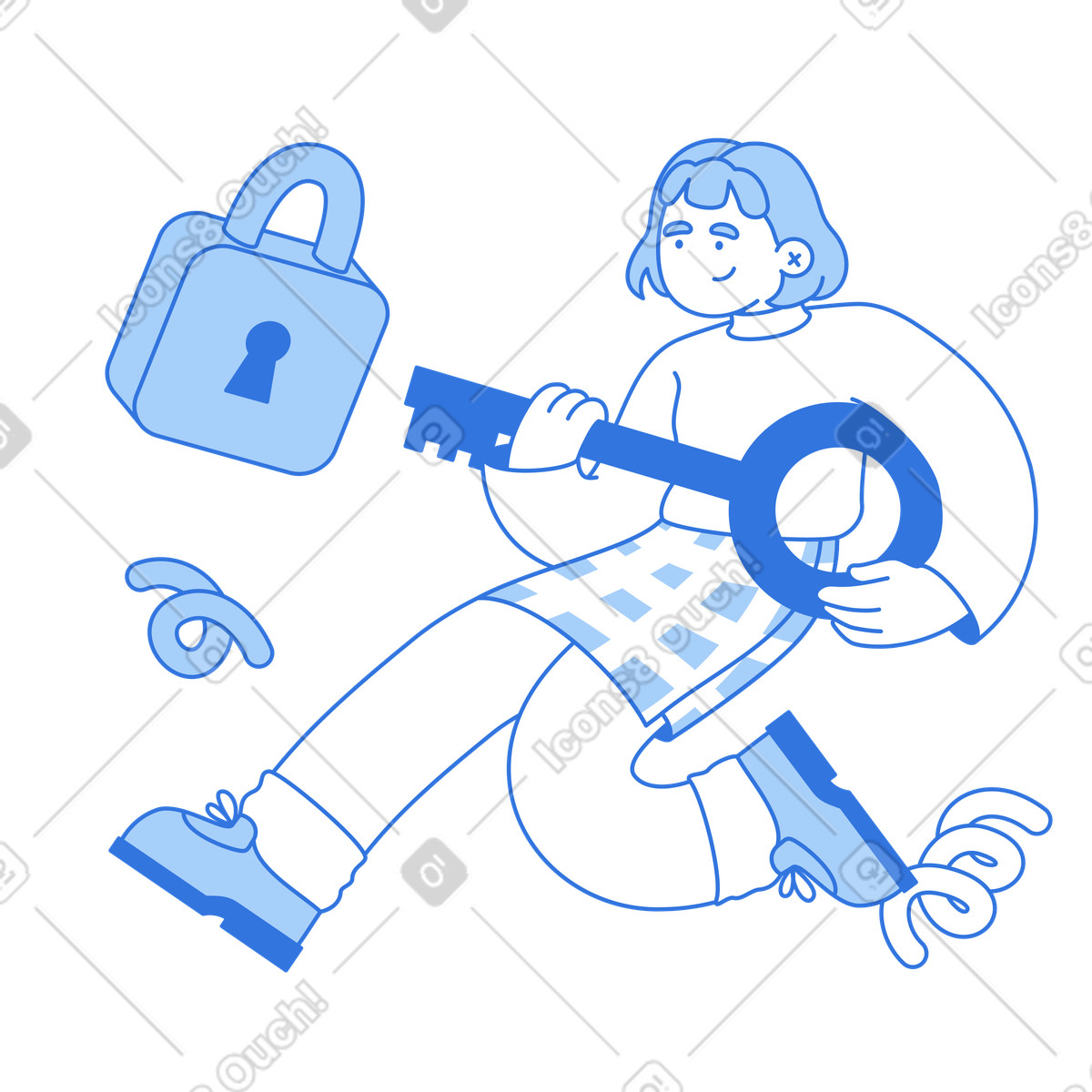 Opening padlock with giant key, secure authentication or login process illustration in PNG, SVG
