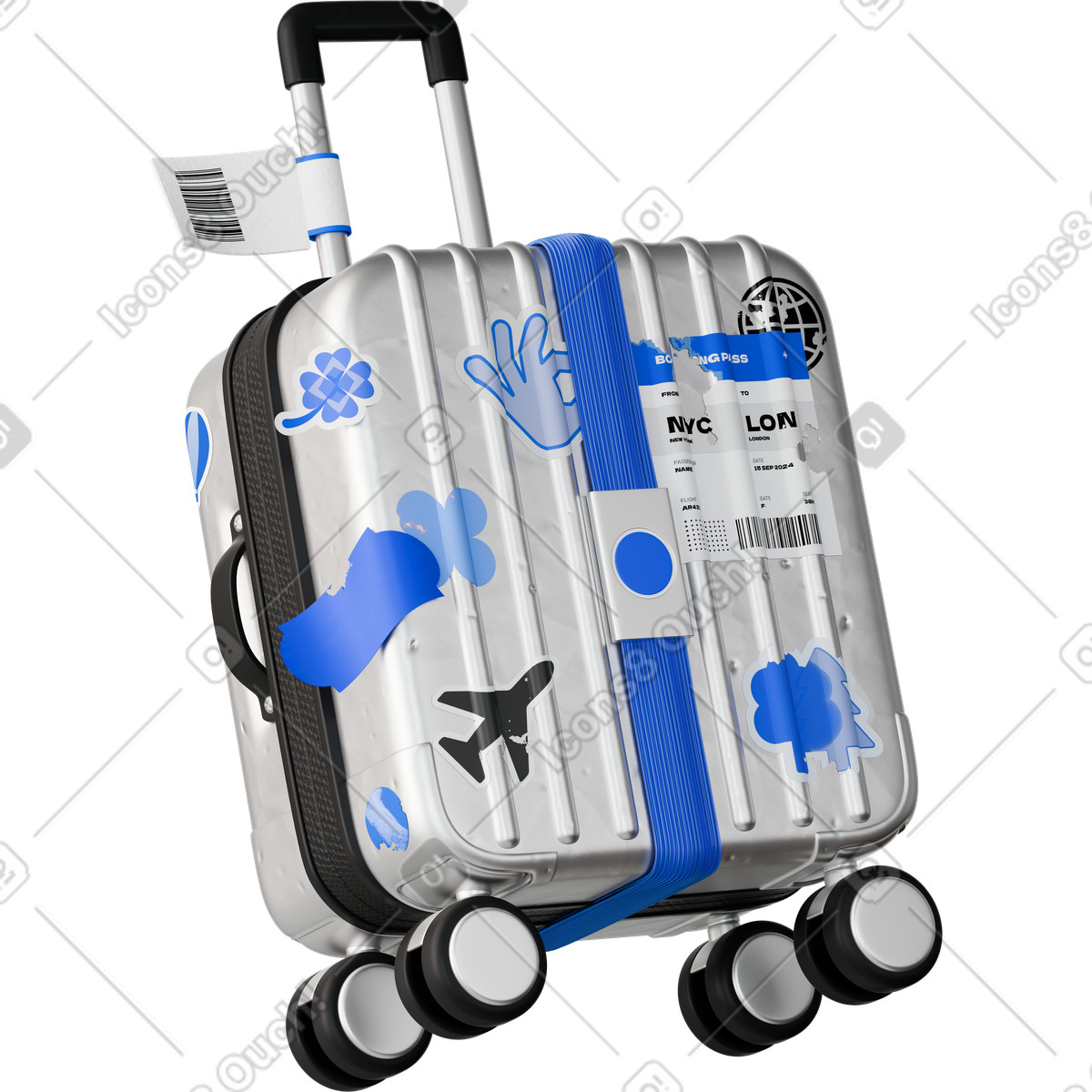 Ilustración animada Suitcase with stickers and airline tag for international flight en estilo 3D Stickle a descargar en GIF, Lottie (JSON), AE