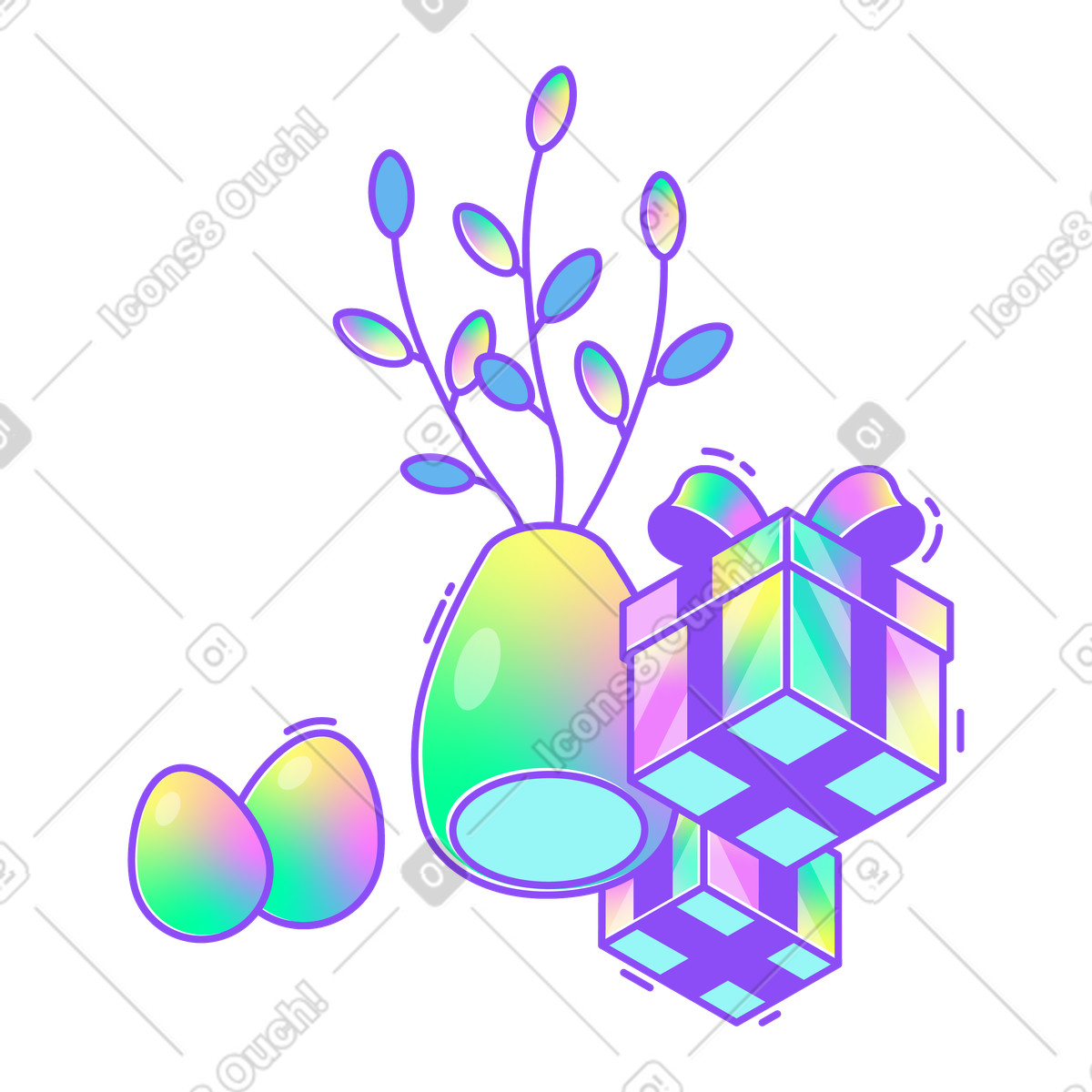 Holographic 스타일의 Happy easter with vase and presents 일러스트레이션 PNG, SVG 다운로드