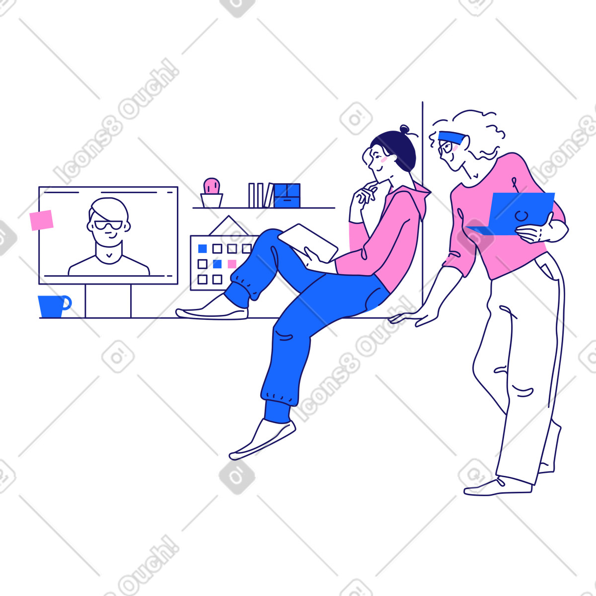 Women discussing work at an online meeting in the office illustration Matey style download PNG, SVG