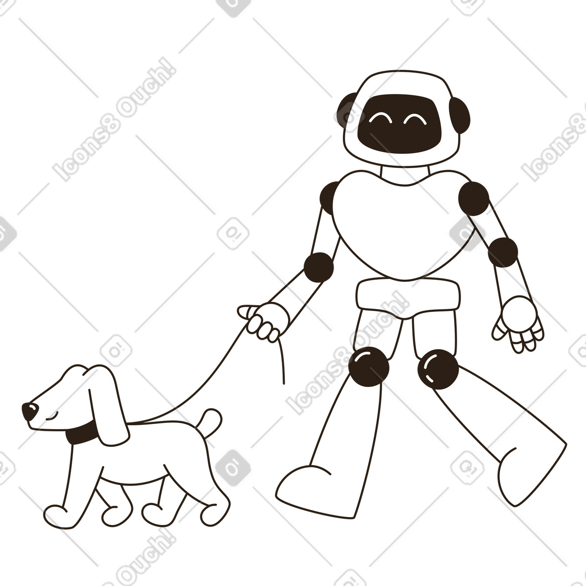 Ilustración Robot paseando a un perro con correa: automatización de la vida urbana del futuro en estilo Plain descargar en PNG y SVG