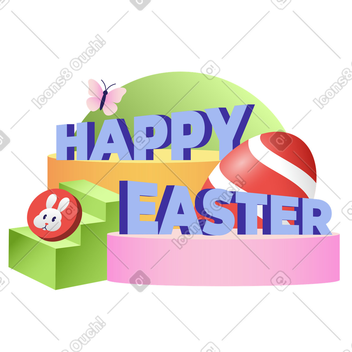 Lettering Happy Easter with eggs, bunny icon and butterfly text illustration in Levels style download in PNG, SVG