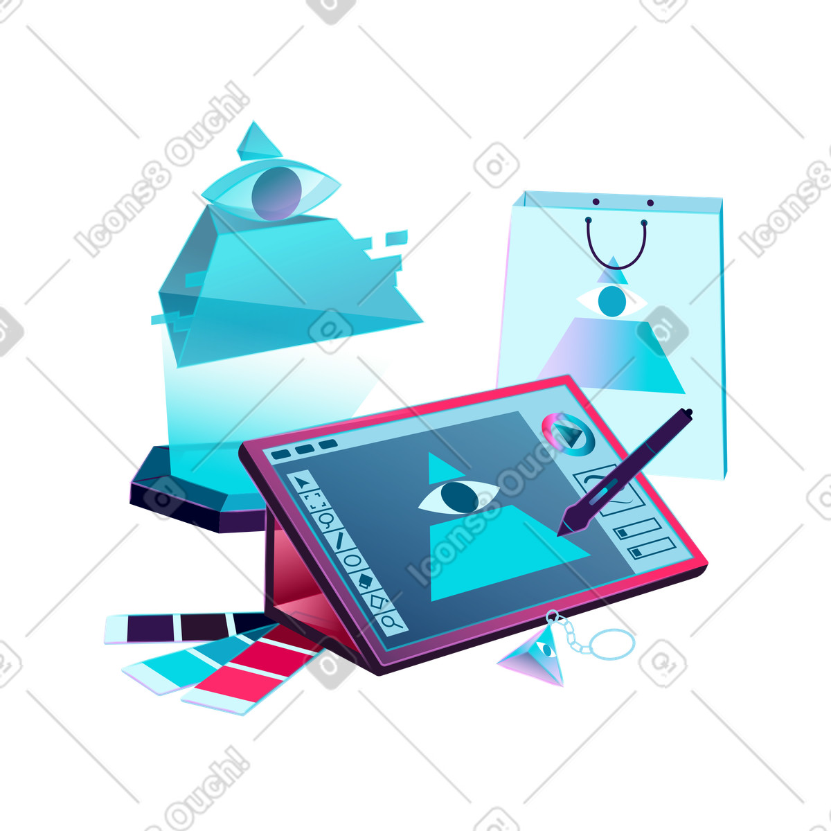 Tablet with logo design interface and brand materials, Branding process visual identity creation illustration in Neon style download in PNG, SVG
