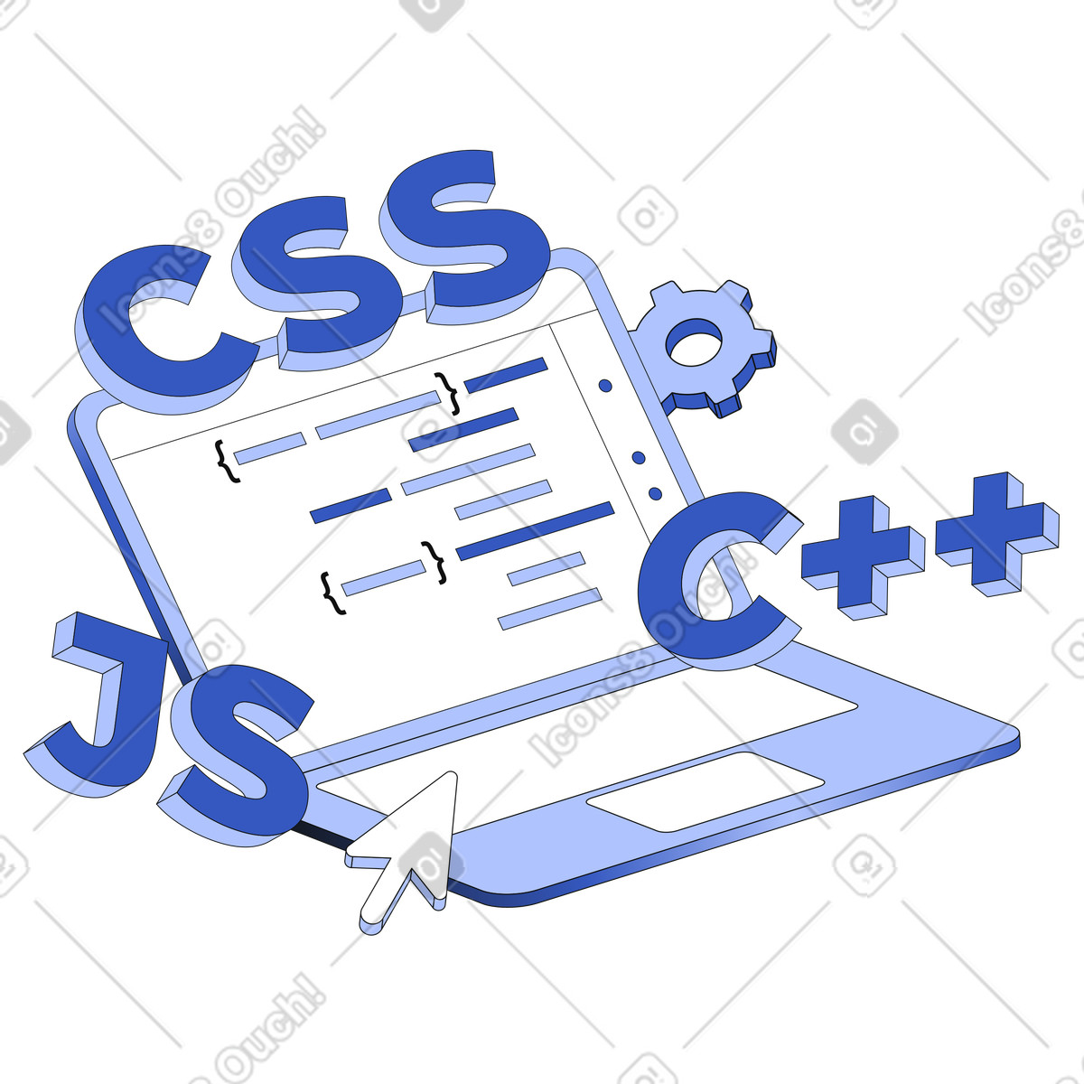 Lettering CSS/Java Sript/C++ and laptop with program code text illustration in PNG, SVG
