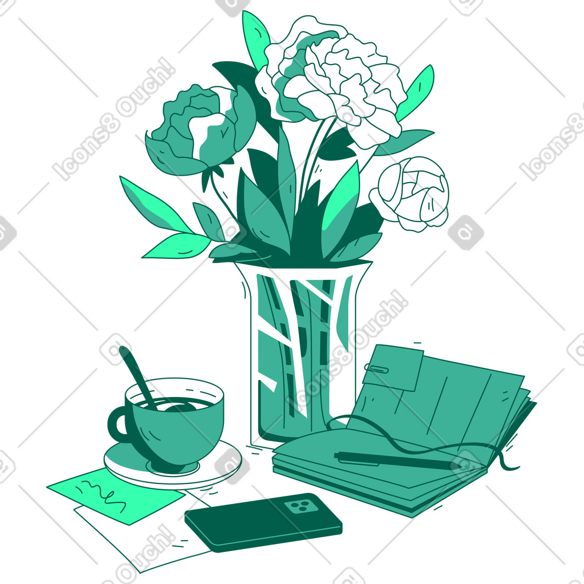 Ilustración Flores, café, smartphone y notebook. en estilo Storyline a descargar en PNG SVG