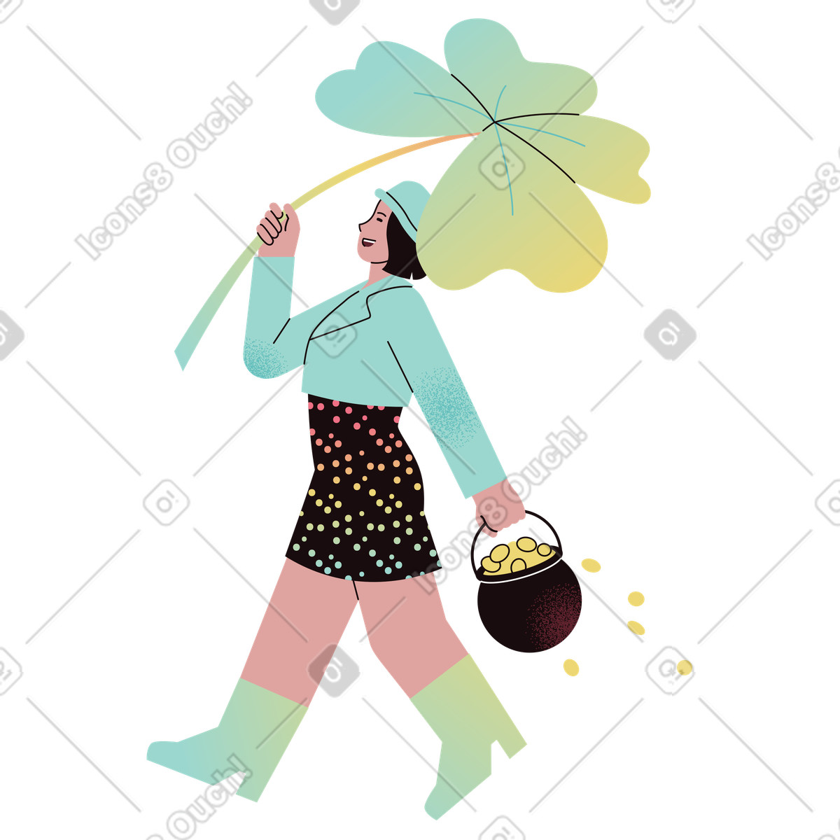 Person walking with giant four leaf clover and gold coins, st patrick's day celebration illustration in Delight style download in PNG, SVG