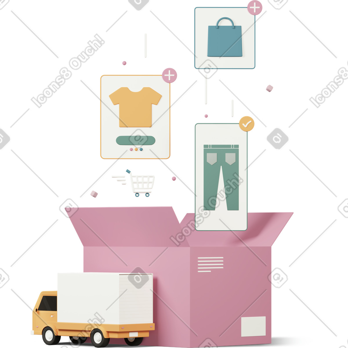 下载 3D Casual life 风格的 Online shopping delivery 插画，支持 PNG、SVG 格式