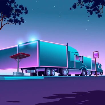 A row of large trucks, their surfaces gleaming under the dim light of twilight, are parked at a quiet highway rest stop. Each truck is equipped with bright parking lights that cast a warm glow, illuminating the surrounding area. The sky is a gradient of deep blue and soft purple, dotted with emerging stars. The rest stop features a simple wooden structure nearby with a small sign that reads "Rest Area." Shadows stretch along the pavement, and a few sparse trees frame the scene, their leaves rustling gently in the evening breeze.