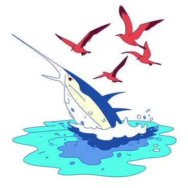 A white sailfish with a long bill is breaching the ocean surface, sending droplets of water into the air. Above the sailfish, a group of red seagulls with outstretched wings is soaring gracefully. The ocean around the sailfish is a mixture of deep blue and lighter turquoise, creating a vibrant scene. The sunlight glints off the water surface, highlighting the dynamic motion of both the fish and the birds.