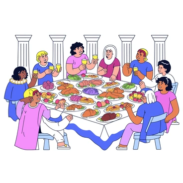 A large banquet table is filled with a variety of colorful dishes, including roasted meats, fruits, and loaves of bread. The table is adorned with golden goblets and decorative platters. Around the table, several people are dressed in ancient attire, including flowing robes and tunics. Some individuals are seated while others stand, engaged in conversation and laughter. The atmosphere is lively as they raise their goblets in a toast. The background features pillars and draped fabrics giving the setting a grand appearance.