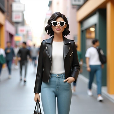 A stylish woman, wearing a fitted black leather jacket, a white blouse, and high-waisted denim jeans, is walking confidently down a busy street. She has on oversized sunglasses, which reflect the city around her. Her hair is styled in loose waves and she carries a designer handbag. The background features blurred figures of people walking, colorful storefronts, and bustling activity, emphasizing the lively atmosphere of the urban setting.