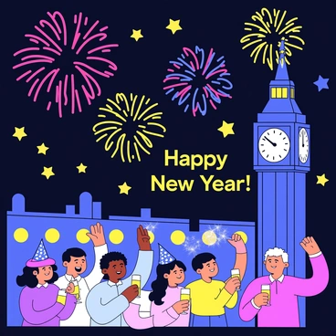 A vibrant New Year's Eve scene featuring a dark night sky illuminated by colorful fireworks. The fireworks burst in various shapes, such as stars and spirals, creating an array of reds, blues, and yellows. Below, a group of people is celebrating, wearing party hats and holding sparkling drinks. Some are clinking glasses together while others are cheering with their arms raised. In the background, a large clock tower shows the time just before midnight, with bright lights adorning its structure. "Happy New Year!" is displayed in bold letters across the scene.