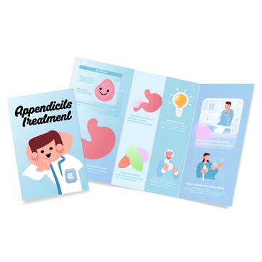 A medical brochure is spread open on a flat surface, showcasing colorful cartoonish graphics. On the front cover, there's an illustration of a smiling cartoon doctor holding a large cartoon appendix, with playful fonts spelling out "Appendicitis Treatment." Inside the brochure, various sections contain engaging graphics depicting the anatomy of the appendix and the digestive system. A cartoon character is shown with a playful expression, clutching their abdomen to indicate discomfort. Another graphic illustrates the treatment process, with a cartoon operating room and medical tools in a vibrant arrangement. Each section is labeled with clear, bold text explaining the treatment steps in a simple manner. The overall color scheme consists of bright pastel shades, enhancing the friendly and approachable design of the brochure.