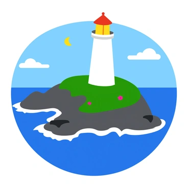 A tall, white lighthouse with a red top stands firmly at the edge of a rugged cliff. The lighthouse emits a bright beam of light that cuts through the night sky, illuminating the deep blue ocean below. The cliff is rocky and dotted with patches of green grass and small wildflowers. Gentle waves crash against the base of the cliff, creating a frothy white spray. A starry sky overhead adds a serene touch to the scene, with a few clouds drifting lazily by.