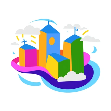 Multiple buildings with a sleek, modern design float in a vibrant, multi-dimensional space. Each building features a unique shape, with some appearing angular and others curvy, creating an intriguing skyline. The structures overlap at various angles, giving the impression of a complex architectural puzzle. Bright colors surround each building, with swirling patterns and gradients that enhance the sense of depth and dimension. Soft clouds drift in the background, emphasizing the floating aspect of the buildings. Light rays shimmer across the surfaces, adding a hint of realism to the fantastical scene.