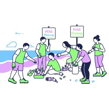 A group of volunteers is actively cleaning a beach, gathered along the shoreline. They are wearing gloves and carrying bags for collecting waste. Some volunteers are picking up plastic bottles and wrappers, while others are sorting items into separate containers. In the background, there are several signs planted in the sand, prominently displaying phrases emphasizing "PFAS cleanup actions." The ocean waves gently lap at the shore, and a clear sky can be seen above. The volunteers are engaged and focused on their task, contributing to the beach's cleanliness.