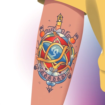 A close-up view of an intricate alchemy tattoo on a forearm. The tattoo features various alchemical symbols, including the philosopher's stone and the symbol for mercury. The colors are vibrant, with rich golds, deep blues, and bright reds intertwining. The skin tone of the forearm is a warm tan, and fine details of the tattoo are clearly visible, showcasing the delicate linework and shading. The background is softly blurred to emphasize the tattoo design.