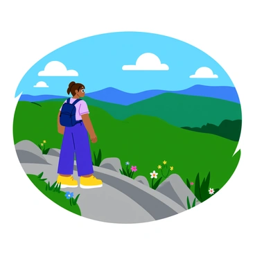 A woman wearing a bright blue hiking outfit stands on a rocky mountain trail. She has a backpack strapped securely to her back and is looking out at an expansive view of rolling green hills and distant mountains under a clear blue sky. Her long hair is pulled back into a ponytail. Wildflowers in various colors dot the trail around her, and a few fluffy white clouds float lazily above. The sun casts a warm light, highlighting the contours of the landscape.