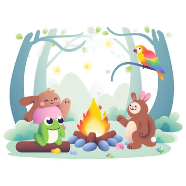 A group of whimsical forest creatures is gathered around a warm, flickering campfire. There is a small green frog with big eyes sitting on a log, while a fluffy, brown rabbit with large ears stands beside it. A colorful parrot with vibrant feathers perches on a nearby tree branch, observing the scene. The campfire is surrounded by scattered stones, and small flames are dancing in the middle. The magical forest is filled with tall, twisting trees that have sparkling leaves, and soft, glowing orbs of light float gently in the air above the creatures. The ground is covered in a carpet of lush, green moss and tiny colorful flowers. The atmosphere is filled with a sense of joy and camaraderie as the creatures share stories around the fire.