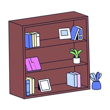 A large wooden bookshelf with a dark brown finish. The bookshelf features several shelves, each neatly aligned, but only one book is placed at the center on the middle shelf. The book has a bright red cover, standing out against the wood. The shelves are filled with a few decorative items, such as a small potted plant on one side and a framed photo on the other, creating a balanced composition.