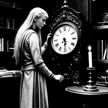 An elf with pointed ears and delicate features is standing beside a large, ornate antique clock. The elf has long, flowing hair that cascades down his back. He is wearing a finely detailed tunic adorned with intricate patterns. His hands are gracefully positioned as he carefully winds the clock, which is embellished with carvings of mythical creatures. The dimly-lit room is filled with shadows, and the soft glow from a nearby candle illuminates the clock's intricate mechanisms and the elf's focused expression. The walls are lined with shelves filled with old books and trinkets, adding to the ambiance of the space.