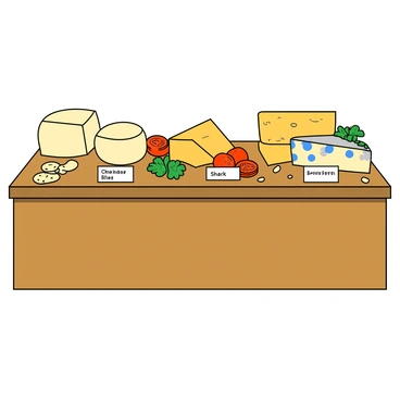 A wooden counter in a cantine is filled with an assortment of cheeses. There are various types, including a round wheel of creamy Brie, a block of sharp cheddar, and a wedge of blue cheese with distinctive veins. Each cheese has a small label in front indicating its name. Surrounding the cheeses are colorful garnishes like sprigs of fresh parsley and slices of juicy tomatoes. A few small crackers are scattered around, inviting guests to sample the different flavors. The counter is well-lit, highlighting the textures and colors of the cheeses.