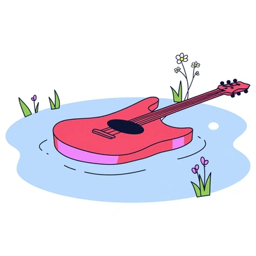 A small boat shaped like an electric guitar is floating on a clear pond. The boat has a vibrant red body, mimicking the shape and design of a guitar. The strings of the guitar are represented as thin ropes that extend from the neck of the guitar-boat. The pond is surrounded by green grass and a few wildflowers near the water's edge. Soft ripples are visible on the surface of the water, adding a sense of motion. A few gentle waves are created by a light breeze, enhancing the tranquil setting.
