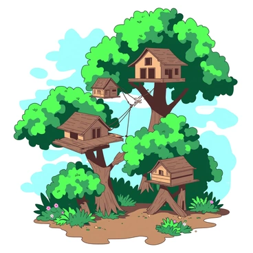 A green village of treehouses is situated high in the forest canopy. The treehouses are made of brown wood, each uniquely shaped and nestled among the thick, leafy branches. Rope bridges connect the treehouses, swaying gently in the breeze. Below, a carpet of rich brown soil is dotted with lush green ferns and small colorful flowers. Sunlight filters through the leaves, casting dappled shadows on the ground, creating a vibrant atmosphere in this elevated community. Birds can be seen flitting between the treehouses, adding life to the scene.