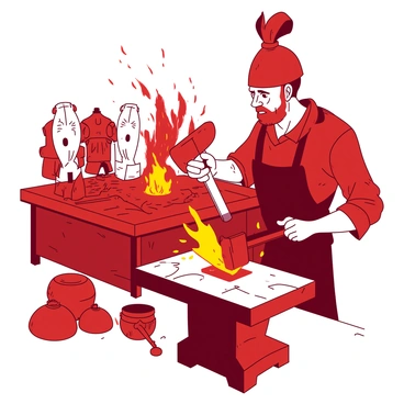 A red-blacksmith is hammering a glowing piece of metal on an anvil. Sparks are flying into the air from the impact of the hammer. Beside the blacksmith, there is an orange forge with flames illuminating the workspace. Various intricate armor pieces are displayed on a wooden table in the background, showcasing fine details and craftsmanship. The atmosphere is dynamic and energized with the blacksmith's focused expression as he shapes the metal into elegant designs.