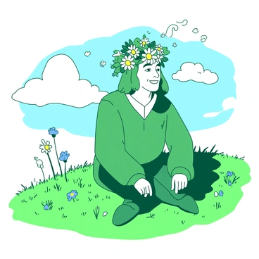 A green Tom Bombadil is sitting on a lush grassy hill. He is wearing a crown made of colorful wildflowers, which rests atop his head. The wildflowers include daisies, buttercups, and bluebells, adding vibrancy to the scene. Tom has a cheerful smile on his face as he gazes into the distance. The hill is dotted with more wildflowers and soft, fluffy clouds drift across the blue sky above.