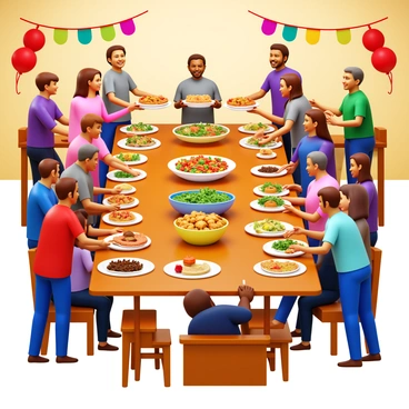 A church community gathering for a festive potluck dinner. There are wooden tables filled with a variety of dishes, including a large bowl of salad, plates of roasted vegetables, and a large casserole dish. People of different ages and backgrounds are chatting and laughing, some are serving food while others are seated, enjoying their meals. Colorful decorations, such as banners and balloons, adorn the walls. A few individuals are sharing dessert options like pies and cakes, while others are filling their plates with delicious offerings. There is a warm and inviting atmosphere with soft lighting illuminating the scene.