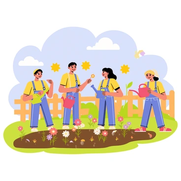A group of children planting small colorful flowers in a school garden. Each child is wearing a bright t-shirt and denim overalls. They are holding tiny watering cans in various colors, such as red, yellow, and blue. The garden is filled with rich green soil and patches of vibrant flowers in shades of pink, purple, and yellow. A wooden fence surrounds the garden, and there are cheerful sun decorations hanging from it. The sky is clear blue with a few fluffy white clouds.