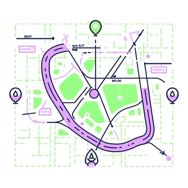 A detailed roadmap is presented, featuring various intersections represented as nodes. Each node is marked with a distinctive symbol to highlight its significance. Roads are illustrated as edges connecting these nodes, with different line styles indicating various types of pathways. Some roads are wider, while others appear narrow, creating a dynamic layout. The roadmap includes labels for key locations at certain nodes, and directional arrows are visible along the edges to indicate traffic flow. A grid pattern serves as a background, further organizing the layout of the intersections and roads.