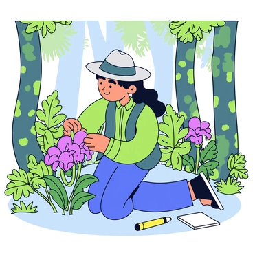 A botanist wearing a green vest and a wide-brimmed hat is kneeling on the forest floor. The botanist is carefully examining a rare, vibrant purple flower with intricate petals. Surrounding the botanist are lush, green ferns and tall trees with thick trunks covered in moss. Sunlight filters through the dense canopy above, creating dappled shadows on the ground. A small notebook and pencil are placed nearby, ready for notes.