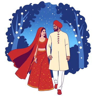 An Indian bride wearing a red and gold lehenga is walking gracefully beside her groom, who is dressed in a traditional cream sherwani. They are holding hands, and the bride's long, flowing dupatta trails behind her. Above them, a starlit sky glimmers with countless stars, providing a magical backdrop. Surrounding the couple, there are soft, white twinkling lights strung between trees, casting a warm glow on the scene. The couple is smiling at each other, radiating joy and love as they walk together.