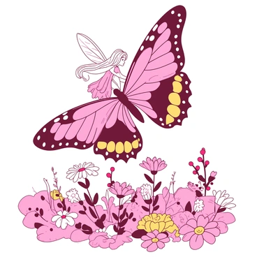 A small fairy with delicate wings is riding on the back of a large butterfly with intricate patterns in its wings. The butterfly is vibrant and has a combination of colors that stand out against the landscape. Below them, blooming fields stretch out, covered in a variety of flowers in different stages of bloom. The fairy has long hair that flows behind her, and she is wearing a gown made of petals. The butterfly's wings are wide open, catching the sunlight as it glides gracefully above the colorful flowers below.